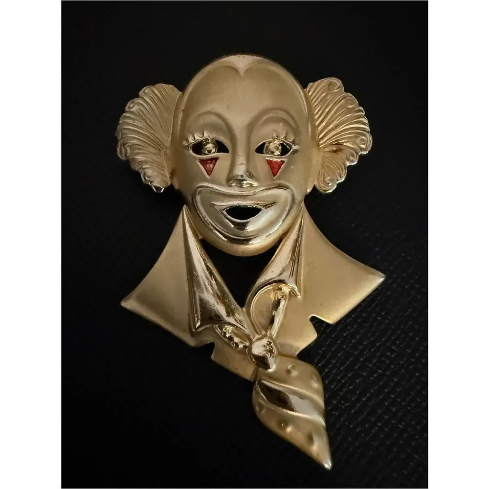 Vintage Gold Clown Face Brooch Statement Women Jewelry Art Unique Pin